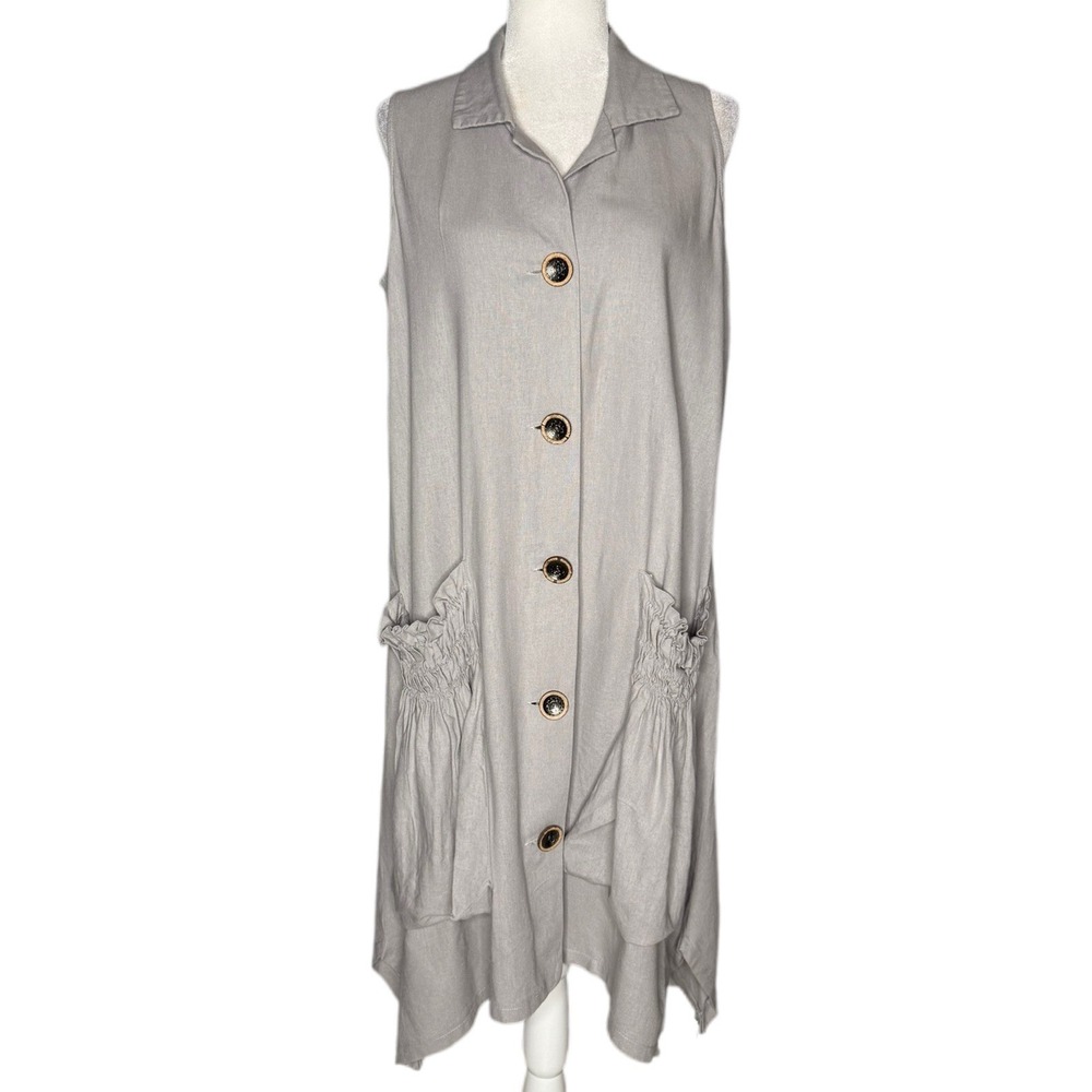 For Cynthia Dress M Button Up Linen Lagenlook Pockets Asymmetrical Minimalist‎